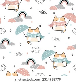 Funny Kawaii Cute Cat with umbrella fly in the sky seamless pattern. Childish Cartoon Animals Background. Vector illustration