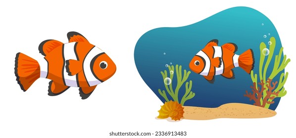 Funny, kawaii, cute clown fish, coral reef dweller in cartoon style, for wallpaper design, packaging, children's decors