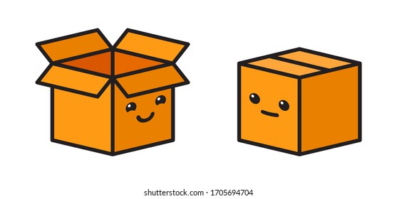 Funny kawaii delivery, shipping boxes, containers. Line, outline icons. Cargo, transportation container symbol. Open boxes. Applicable for post, delivery, gift illustration. Vector illustration