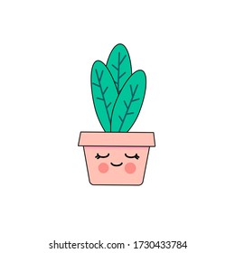 Funny kawaii flower, houseplant with a face. Childish, cute, bright flat vector illustration.