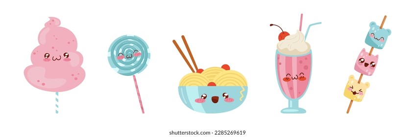 Comida Kawaii divertida con un conjunto de vectores de caras sonrientes