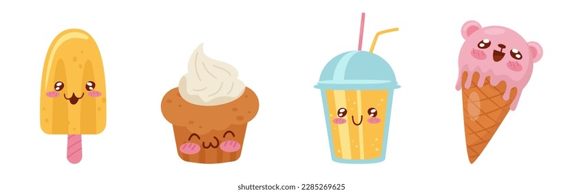 Funny Kawaii Food with Smiling Faces Vector Set