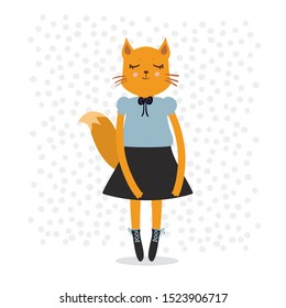 funny Kawaii fox girl, closed eyes, pink cheeks, cartoon blue black orange isolated on white dot background. Can be used for greeting card design, for your text, fashion print for baby clothes. Vector