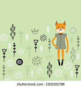 funny Kawaii fox girl in dress with pink cheeks, cartoon pet redhead Gray black white on green flowers leaves background. Can be used for greeting card design, your text, fashion baby print. Vector