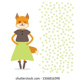 funny Kawaii fox girl in dress with pink cheeks, cartoon brown green orange isolated on white dot background. Can be used for greeting card design for your text, fashion print for baby clothes. Vector