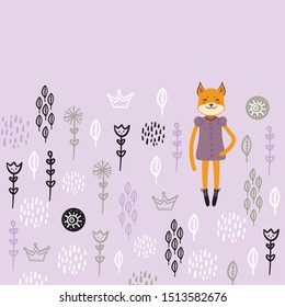 funny Kawaii fox girl in dress with pink cheeks, cartoon pet Gray black white on lilac flowers leaves background. Can be used for greeting card design, your text, fashion baby print. Vector
