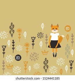 funny Kawaii fox girl in dress with pink cheeks, cartoon pet Gray black white orange on beige tan flowers leaves background. Can be used for greeting card design, your text, fashion baby print. Vector