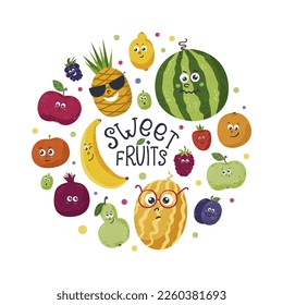 Funny kawaii fruits in a circle