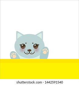 funny Kawaii gray cat face with pink cheeks, pastel colors white yellow background. Can be used for greeting card design, frame for your text. Vector
