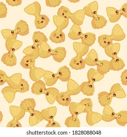 Funny Kawaii Italian Pasta seamless vector pattern. Healthy food repeating yellow background illustration. Smiling & happy cute food characters. Children menu, textile print, card, food hall design.