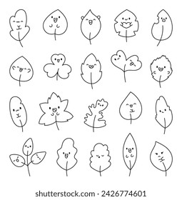 Funny kawaii leaf cartoon character. Coloring Page. Cute nature plant. Hand drawn style. Vector drawing. Collection of design elements.