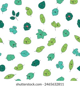 Funny kawaii leaf cartoon character. Seamless pattern. Cute nature plant. Hand drawn style. Vector drawing. Design ornaments.