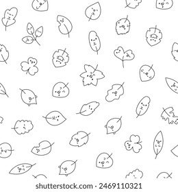 Funny kawaii leaf cartoon character. Seamless pattern. Coloring Page. Cute nature plant. Hand drawn style. Vector drawing. Design ornaments.
