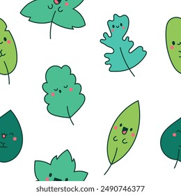 Funny kawaii leaf cartoon character. Seamless pattern. Cute nature plant. Hand drawn style. Vector drawing. Design ornaments.