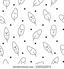 Funny kawaii leaf cartoon character. Seamless pattern. Coloring Page. Cute nature plant. Hand drawn style. Vector drawing. Design ornaments.