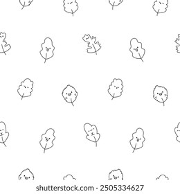 Funny kawaii leaf cartoon character. Seamless pattern. Coloring Page. Cute nature plant. Hand drawn style. Vector drawing. Design ornaments.