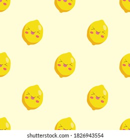 Funny Kawaii Lemon doodle seamless vector pattern. Healthy food repeating yellow background illustration. Smiling & happy cute citrus fruit. Children menu decoration, t-shirt print, poster, card.