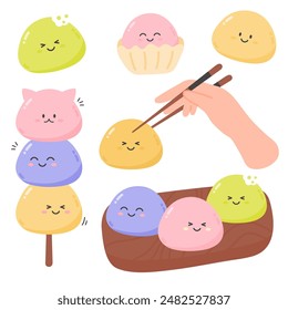 Funny kawaii Mochi rice dessert vector set