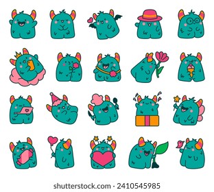 Funny kawaii monster cartoon. Cute fantastic character. Hand drawn style. Vector drawing. Collection of design elements.