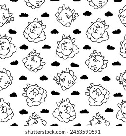 Funny kawaii monster cartoon. Seamless pattern. Coloring Page. Cute fantastic character. Hand drawn style. Vector drawing. Design ornaments.