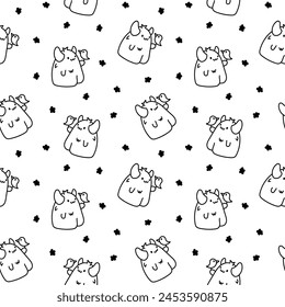 Funny kawaii monster cartoon. Seamless pattern. Coloring Page. Cute fantastic character. Hand drawn style. Vector drawing. Design ornaments.