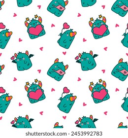 Funny kawaii monster cartoon. Seamless pattern. Cute fantastic character. Hand drawn style. Vector drawing. Design ornaments.