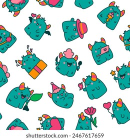 Funny kawaii monster cartoon. Seamless pattern. Cute fantastic character. Hand drawn style. Vector drawing. Design ornaments.