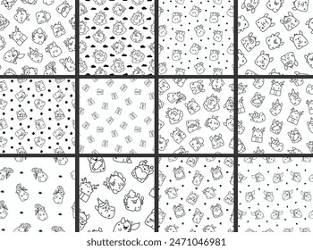 Funny kawaii monster cartoon. Seamless pattern. Coloring Page. Cute fantastic character. Hand drawn style. Vector drawing. Collection of design ornaments.