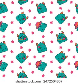 Funny kawaii monster cartoon. Seamless pattern. Cute fantastic character. Hand drawn style. Vector drawing. Design ornaments.