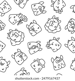 Funny kawaii monster cartoon. Seamless pattern. Coloring Page. Cute fantastic character. Hand drawn style. Vector drawing. Design ornaments.