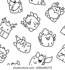 Funny kawaii monster cartoon. Seamless pattern. Coloring Page. Cute fantastic character. Hand drawn style. Vector drawing. Design ornaments.