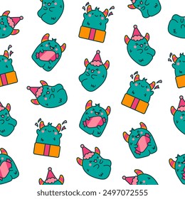 Funny kawaii monster cartoon. Seamless pattern. Cute fantastic character. Hand drawn style. Vector drawing. Design ornaments.