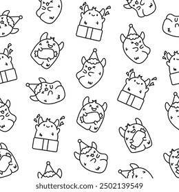 Funny kawaii monster cartoon. Seamless pattern. Coloring Page. Cute fantastic character. Hand drawn style. Vector drawing. Design ornaments.