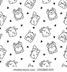 Funny kawaii monster cartoon. Seamless pattern. Coloring Page. Cute fantastic character. Hand drawn style. Vector drawing. Design ornaments.