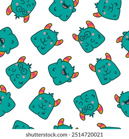 Funny kawaii monster cartoon. Seamless pattern. Cute fantastic character. Hand drawn style. Vector drawing. Design ornaments.