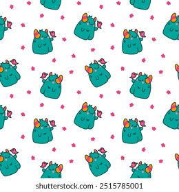 Funny kawaii monster cartoon. Seamless pattern. Cute fantastic character. Hand drawn style. Vector drawing. Design ornaments.