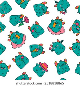 Funny kawaii monster cartoon. Seamless pattern. Cute fantastic character. Hand drawn style. Vector drawing. Design ornaments.