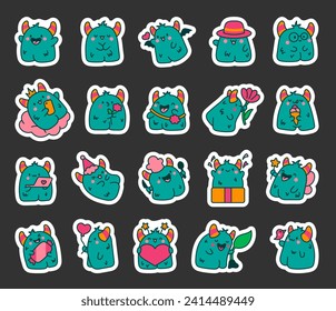 Funny kawaii monster cartoon. Sticker Bookmark. Cute fantastic character. Hand drawn style. Vector drawing. Collection of design elements.