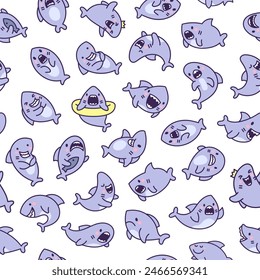 Funny kawaii ocean shark. Seamless pattern. Smiling jaws and comic marine animals character. Hand drawn style. Vector drawing. Design ornaments.