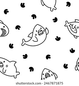 Funny kawaii ocean shark. Seamless pattern. Coloring Page. Smiling jaws and comic marine animals character. Hand drawn style. Vector drawing. Design ornaments.