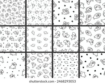 Funny kawaii ocean shark. Seamless pattern. Coloring Page. Smiling jaws and comic marine animals character. Hand drawn style. Vector drawing. Collection of design ornaments.