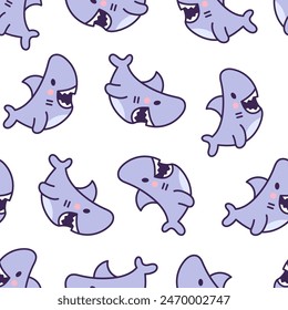 Funny kawaii ocean shark. Seamless pattern. Smiling jaws and comic marine animals character. Hand drawn style. Vector drawing. Design ornaments.