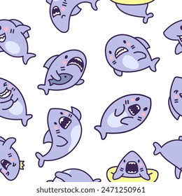 Funny kawaii ocean shark. Seamless pattern. Smiling jaws and comic marine animals character. Hand drawn style. Vector drawing. Design ornaments.