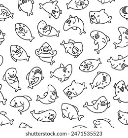 Funny kawaii ocean shark. Seamless pattern. Coloring Page. Smiling jaws and comic marine animals character. Hand drawn style. Vector drawing. Design ornaments.