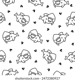 Funny kawaii ocean shark. Seamless pattern. Coloring Page. Smiling jaws and comic marine animals character. Hand drawn style. Vector drawing. Design ornaments.