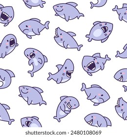 Funny kawaii ocean shark. Seamless pattern. Smiling jaws and comic marine animals character. Hand drawn style. Vector drawing. Design ornaments.