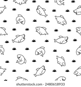 Funny kawaii ocean shark. Seamless pattern. Coloring Page. Smiling jaws and comic marine animals character. Hand drawn style. Vector drawing. Design ornaments.