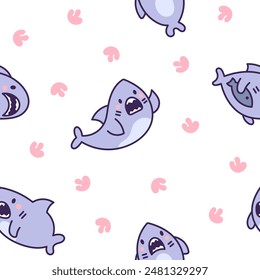 Funny kawaii ocean shark. Seamless pattern. Smiling jaws and comic marine animals character. Hand drawn style. Vector drawing. Design ornaments.