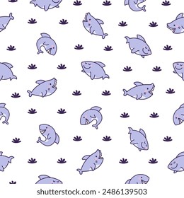 Funny kawaii ocean shark. Seamless pattern. Smiling jaws and comic marine animals character. Hand drawn style. Vector drawing. Design ornaments.