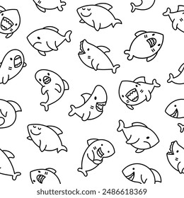 Funny kawaii ocean shark. Seamless pattern. Coloring Page. Smiling jaws and comic marine animals character. Hand drawn style. Vector drawing. Design ornaments.